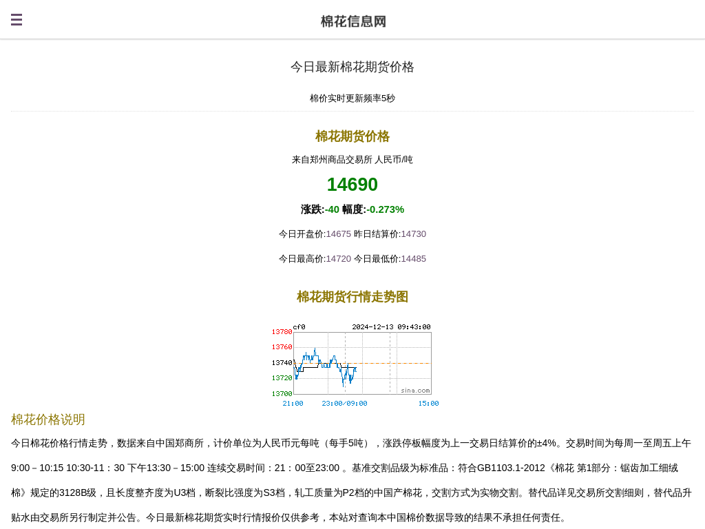 棉花价格:今日最新棉花期货实时行情走势图-棉花信息网